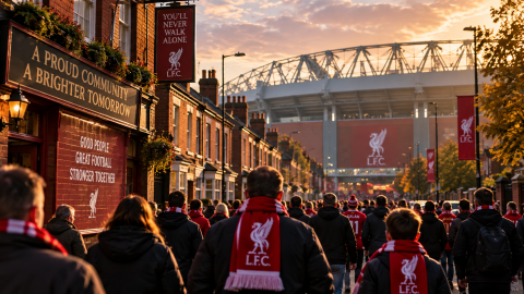 Football supporters wearing club scarves walking through a local neighbourhood toward a stadium at sunset