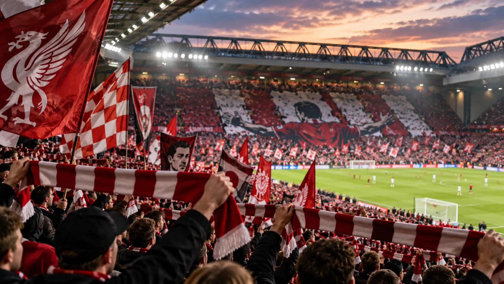 Football supporters holding red-and-white scarves, flags, and banners during a packed stadium match with a large tifo display.