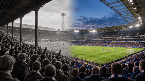 Historic standing terraces blending into a modern all-seater football stadium, showing how football grounds evolved across generations.