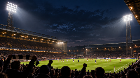 Packed football stadium at night with bright floodlights illuminating the pitch as supporters watch an evening match from the stands.