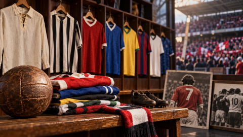 Vintage and modern football shirts displayed with old boots, a leather ball, scarves, and historic player photographs inside a football museum setting.