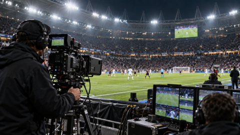 Television broadcast crew filming a football match with professional cameras and production monitors inside a packed stadium