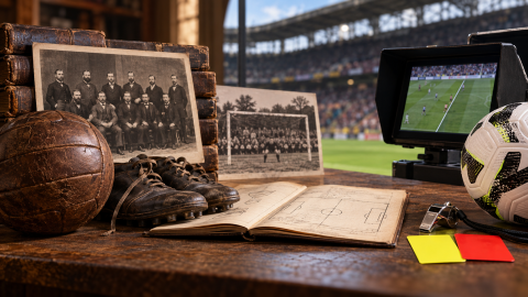 Historic football equipment and early rule books displayed beside modern referee cards, a contemporary ball, and VAR technology inside a stadium.