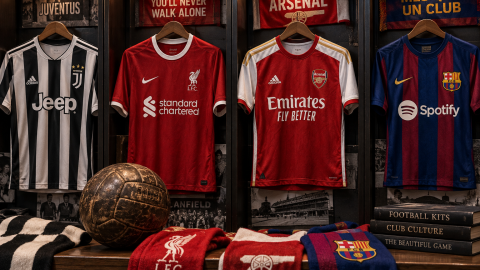 Juventus, Liverpool, Arsenal and Barcelona shirts displayed with scarves and vintage football memorabilia