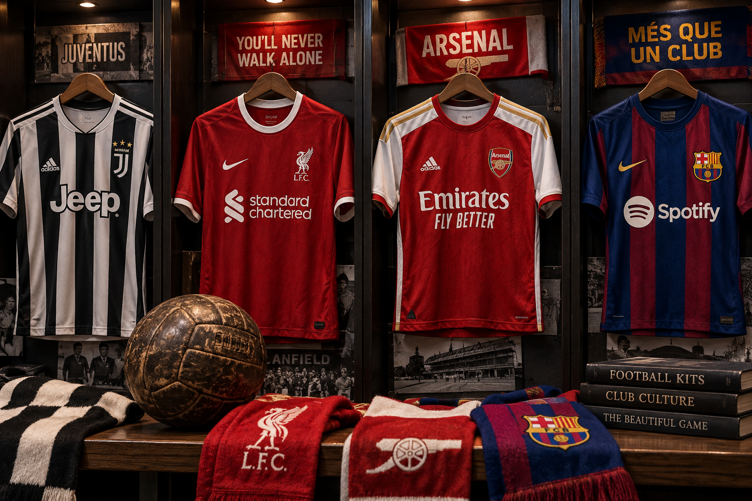 Juventus, Liverpool, Arsenal and Barcelona shirts displayed with scarves and vintage football memorabilia