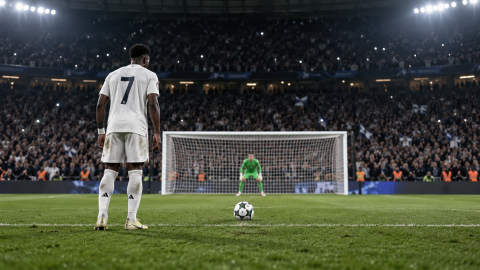 Football player preparing to take a penalty against a goalkeeper in a packed stadium under floodlights
