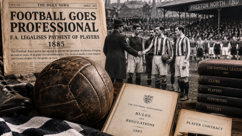 Victorian football players, an old leather ball, and historic documents illustrating the legalization of professional football in 1885