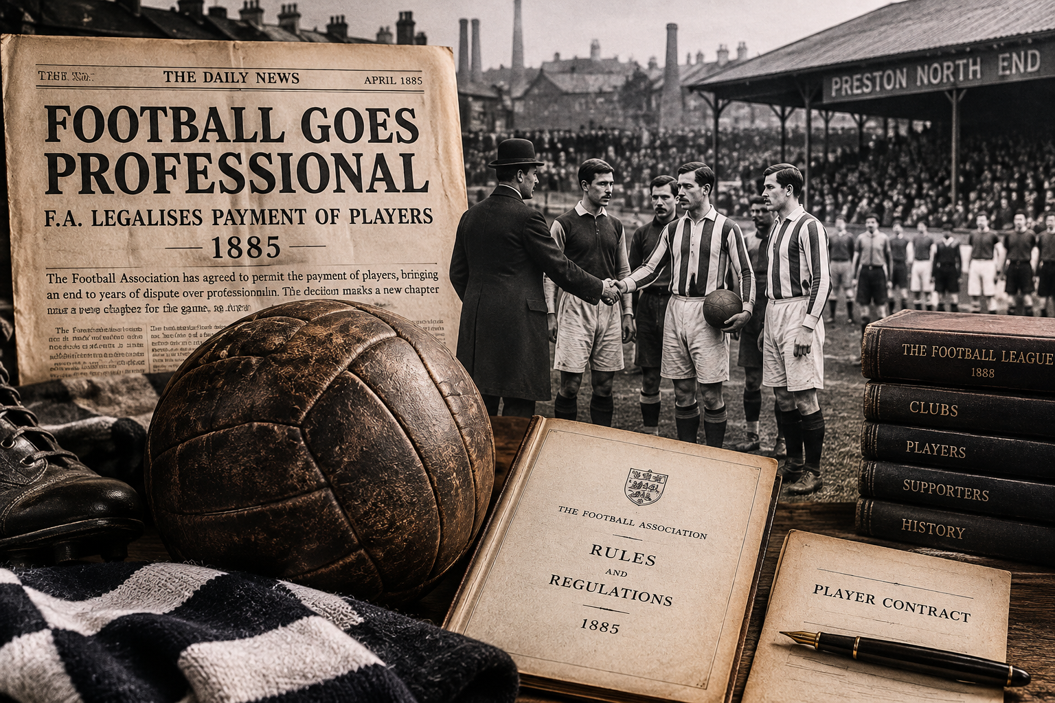 Victorian football players, an old leather ball, and historic documents illustrating the legalization of professional football in 1885