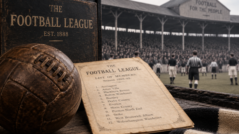 Historic football documents and a stadium scene representing the development of organized league competition