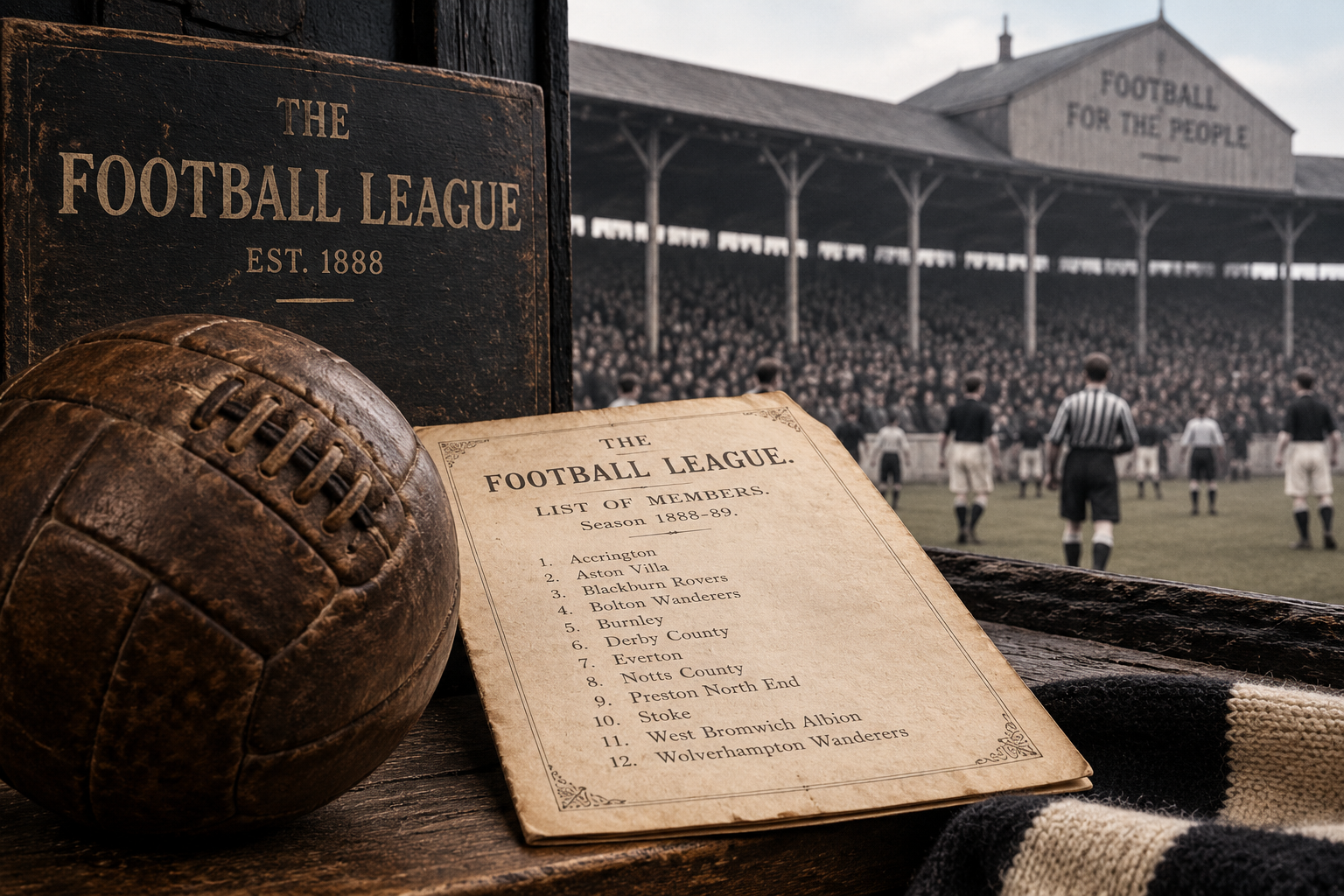 Historic football documents and a stadium scene representing the development of organized league competition