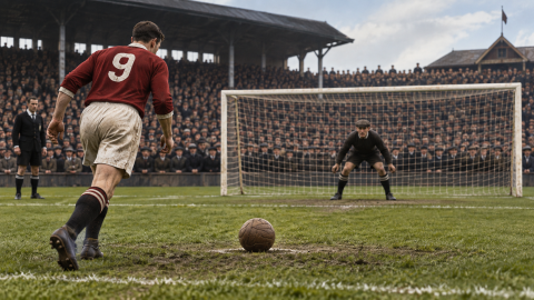 Historic football player taking a penalty kick with a leather ball as a goalkeeper waits in front of a packed early-era stadium crowd.
