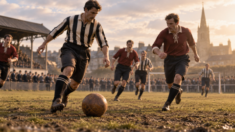Early football players competing with a leather ball on a muddy historic field as spectators watch from the touchline.