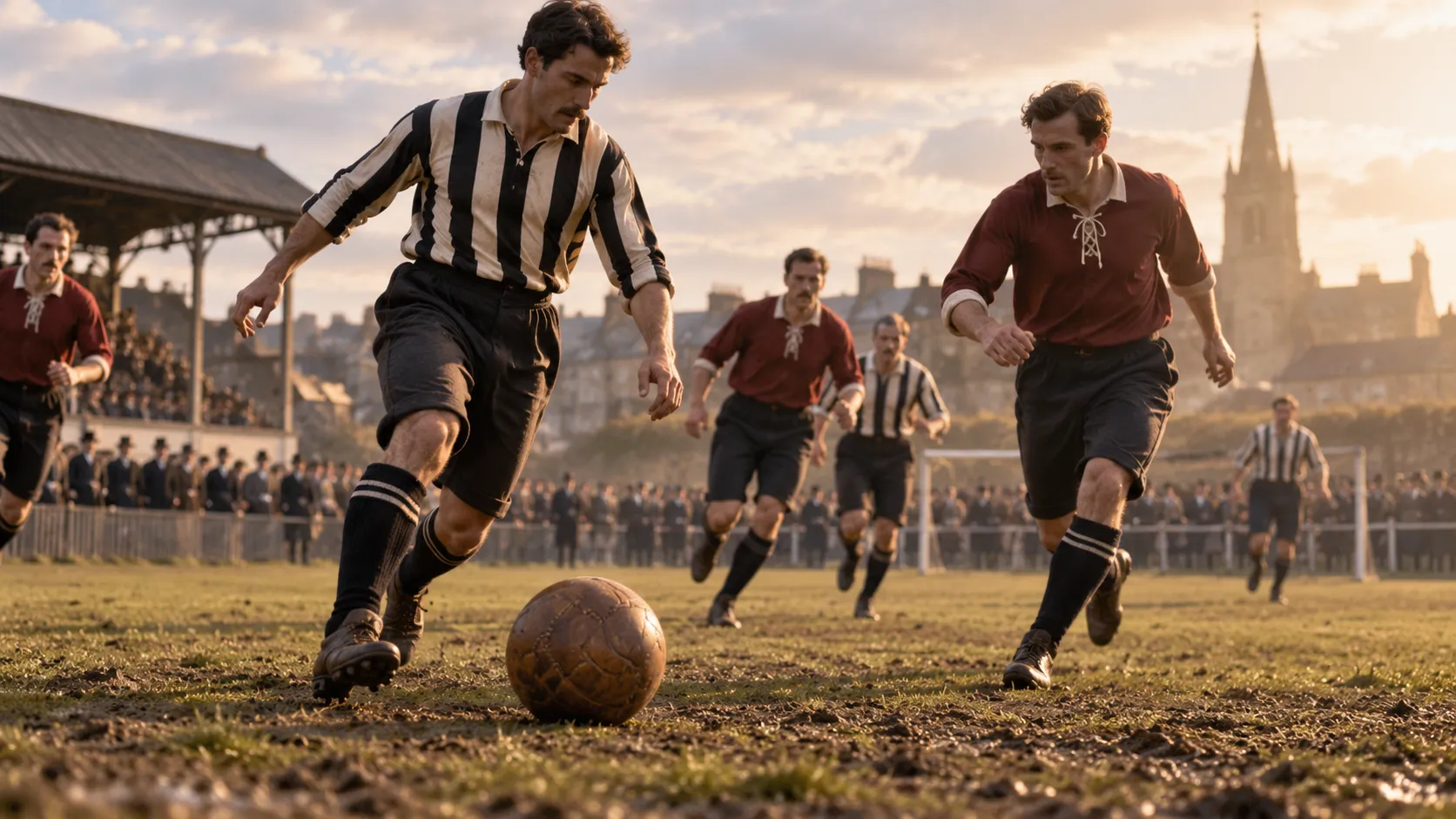 Early football players competing with a leather ball on a muddy historic field as spectators watch from the touchline.
