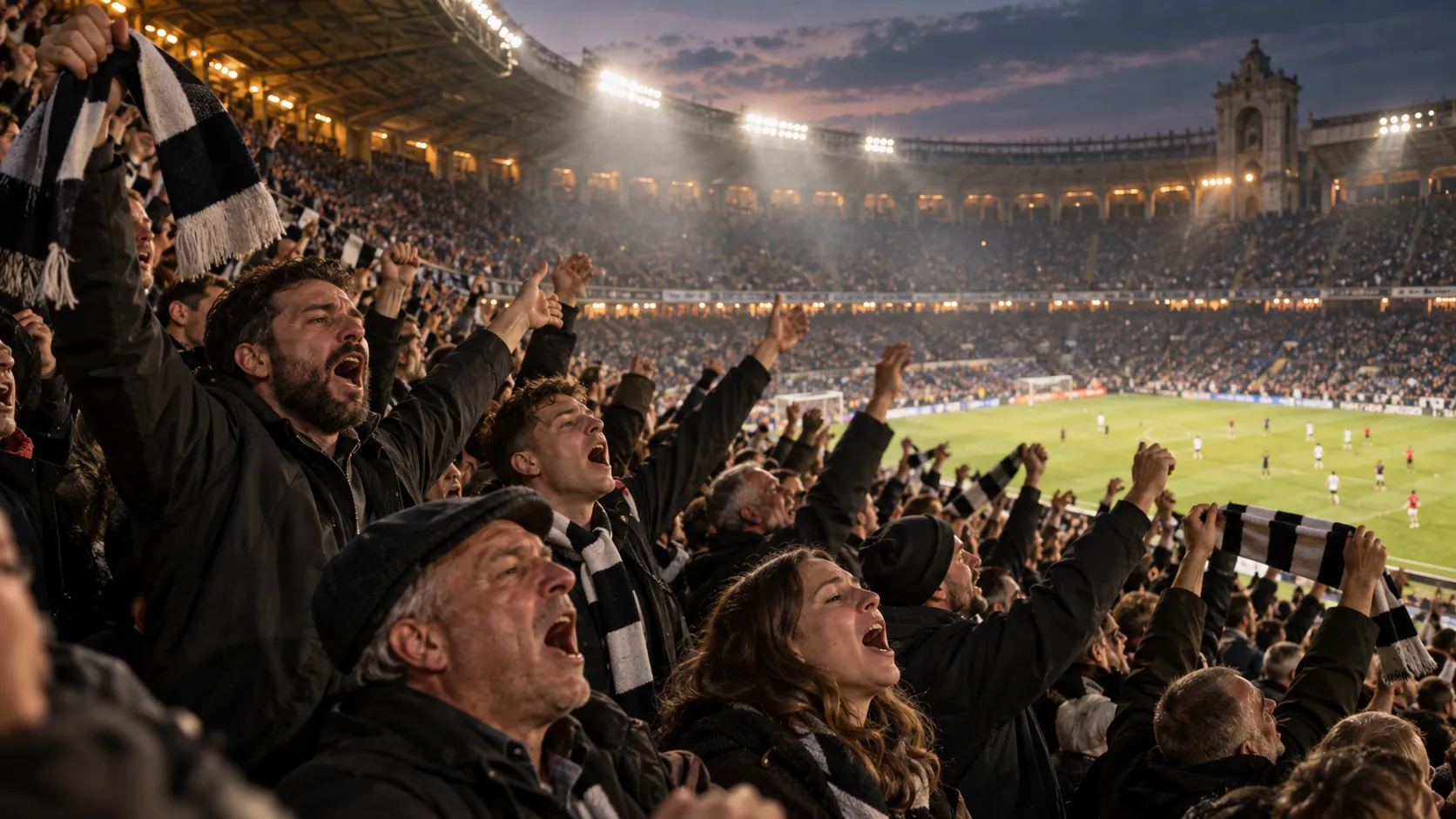 Football supporters singing and raising scarves together inside a packed stadium during an evening match.
