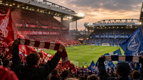 Football supporters in red and blue sections of a packed stadium holding scarves and flags during an intense rivalry match at sunset.