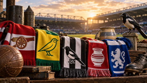 Football heritage display with scarves and symbols representing club nicknames, including a cannon, canary, magpie, pottery, and lion beside a historic stadium