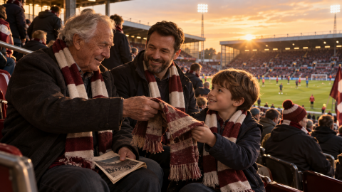 Three generations of a football-supporting family share a worn club scarf in the stands before kick-off, with a grandparent passing the tradition to a child as the stadium fills behind them.