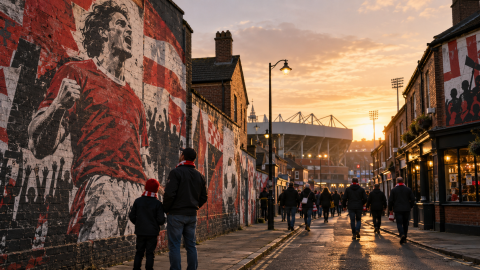 A football neighborhood at sunset with a large player mural on a brick wall, supporters walking toward the stadium, and a child with an adult looking at the street art.