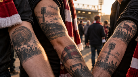 Football supporters showing tattoos of stadiums, scarves, vintage footballs, floodlights, and matchday scenes outside a stadium