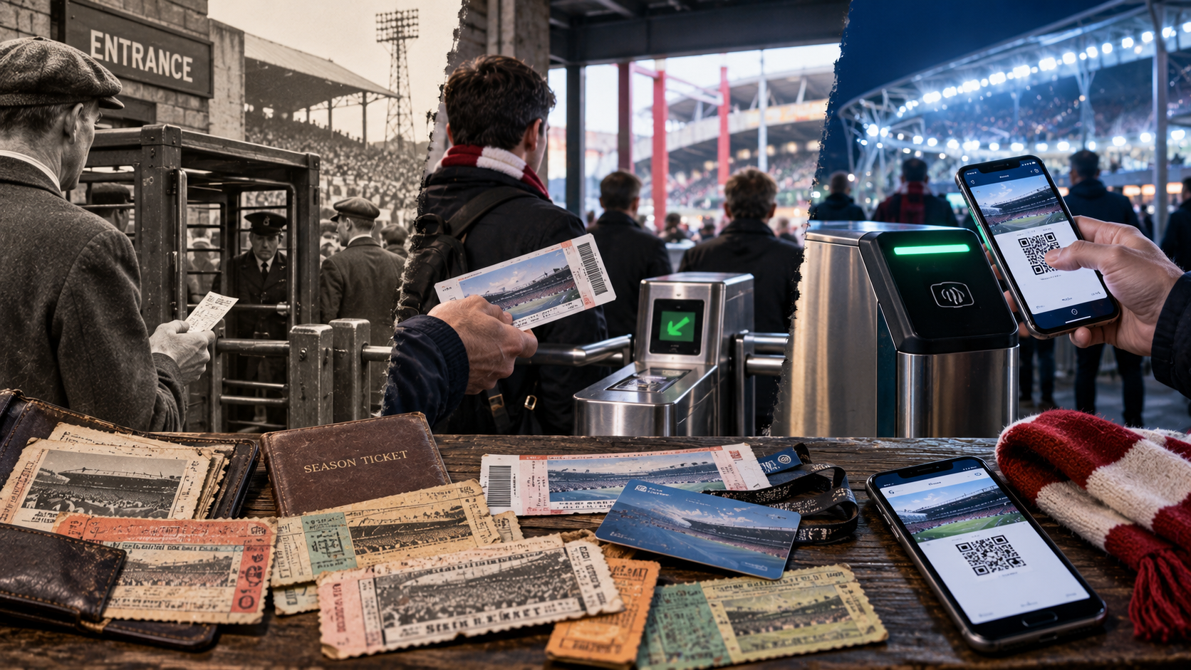 Evolution of football ticketing from vintage paper stubs and old turnstiles to barcode tickets, season cards, and smartphone entry at a modern stadium
