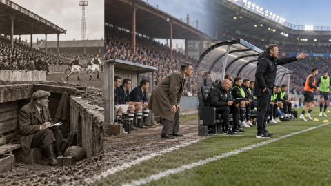 A football touchline evolving from a 1930s sunken dugout with a trainer and notebook to a mid-century bench and a modern technical area with coaches, substitutes, and staff.