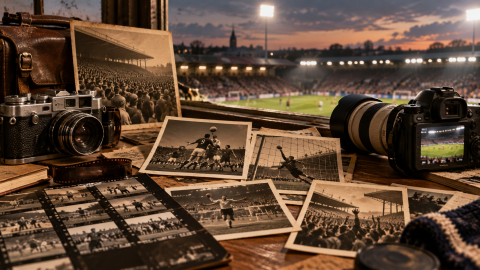 Vintage and modern football cameras displayed with historic black-and-white match photographs and contact sheets overlooking a floodlit stadium