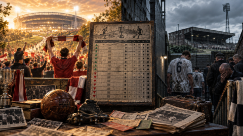 A split football scene showing supporters celebrating promotion beside a larger modern stadium while relegated players and fans leave a smaller ground, with a vintage league table, old football, boots, tickets, and newspapers in the foreground
