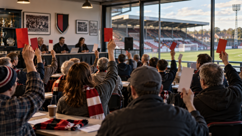 Football supporters raising voting cards during a club meeting overlooking the stadium, representing fan ownership and democratic decision-making