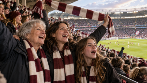 Three generations of women football supporters wearing scarves and celebrating together in a packed stadium, representing the long history and growing visibility of women in football culture