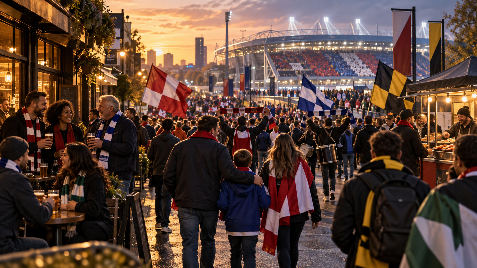Supporters of different ages and backgrounds gather outside a football stadium at sunset, wearing scarves, carrying flags, sharing food and walking together before kick-off.