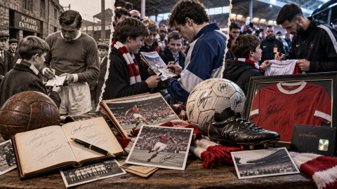 Football autograph culture across generations, showing young supporters collecting signatures from players alongside signed shirts, footballs, boots, photographs, programmes, and autograph books
