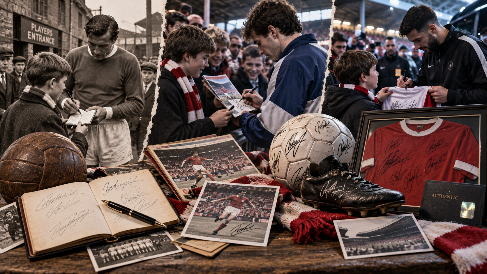 Football autograph culture across generations, showing young supporters collecting signatures from players alongside signed shirts, footballs, boots, photographs, programmes, and autograph books