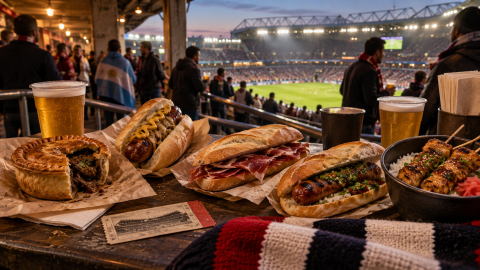Football stadium food from different cultures, including a meat pie, bratwurst, bocadillo, choripán, and Japanese rice with grilled skewers, arranged in a busy stadium concourse