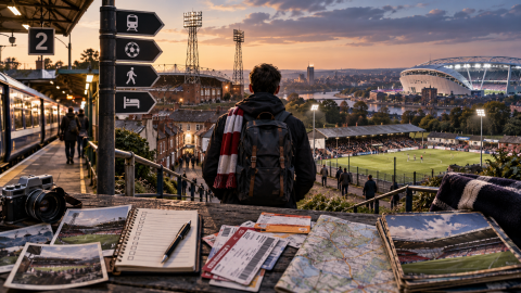 A football groundhopper with a backpack overlooks several different stadiums while travel tickets, a map, camera, photographs, and a checklist represent the culture of visiting football grounds