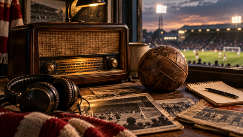 Vintage radio, headphones, old leather football, newspapers, and a floodlit stadium illustrating the history of listening to football on the radio