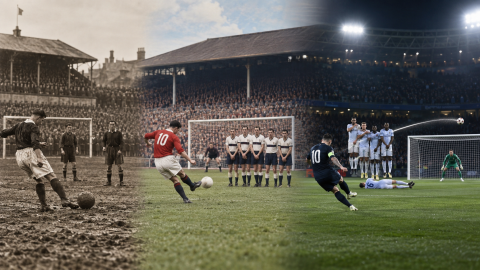 A three-era football scene showing the evolution of the free kick from an early muddy pitch to a mid-century defensive wall and a modern specialist curling the ball toward goal.