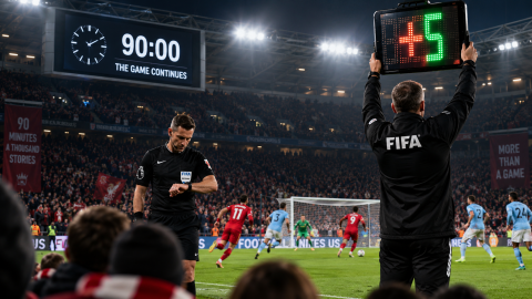 A football referee checks his watch as a fourth official raises an added-time board beside the pitch, with the stadium clock showing 90:00 during a tense late-match attack.