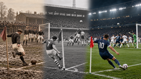 A three-era football scene showing Victorian, mid-century, and modern players taking corner kicks as attackers and defenders gather around the goal.