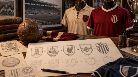 Historic football crest sketches displayed beside vintage and modern shirts, showing the evolution of club badges and visual identity