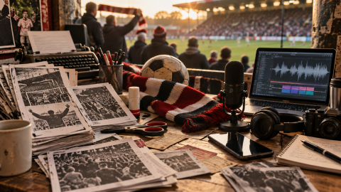 Football fanzines, typewriter pages, microphone, headphones, smartphone, camera, and laptop beside a stadium, showing the evolution from print supporter media to modern digital platforms