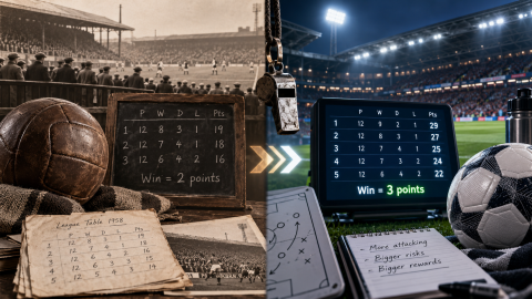 A vintage and modern football comparison showing old league tables, an early leather ball, a referee whistle, and a modern digital standings board illustrating the change from two points to three points for a win