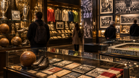 Visitors exploring a football club museum with trophies, vintage shirts, old footballs, historic boots, match tickets, photographs, and a stadium model