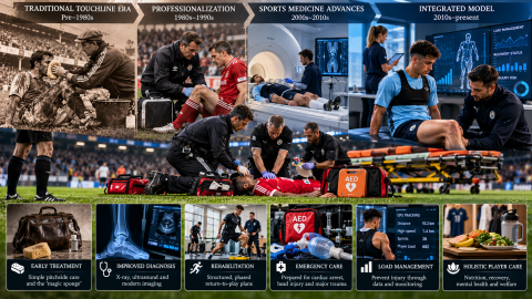 Evolution of football medical care from traditional magic sponge treatments to modern sports medicine, featuring physiotherapy, injury rehabilitation, emergency response, and player welfare.