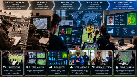 Evolution of football scouting from traditional talent scouts to modern global recruitment, featuring live scouting, video analysis, player statistics, performance data, and digital scouting technology.