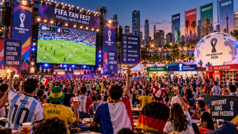 Football fans from different countries gather at a FIFA World Cup fan zone, watching a live match on a giant screen and celebrating together during a public viewing festival.