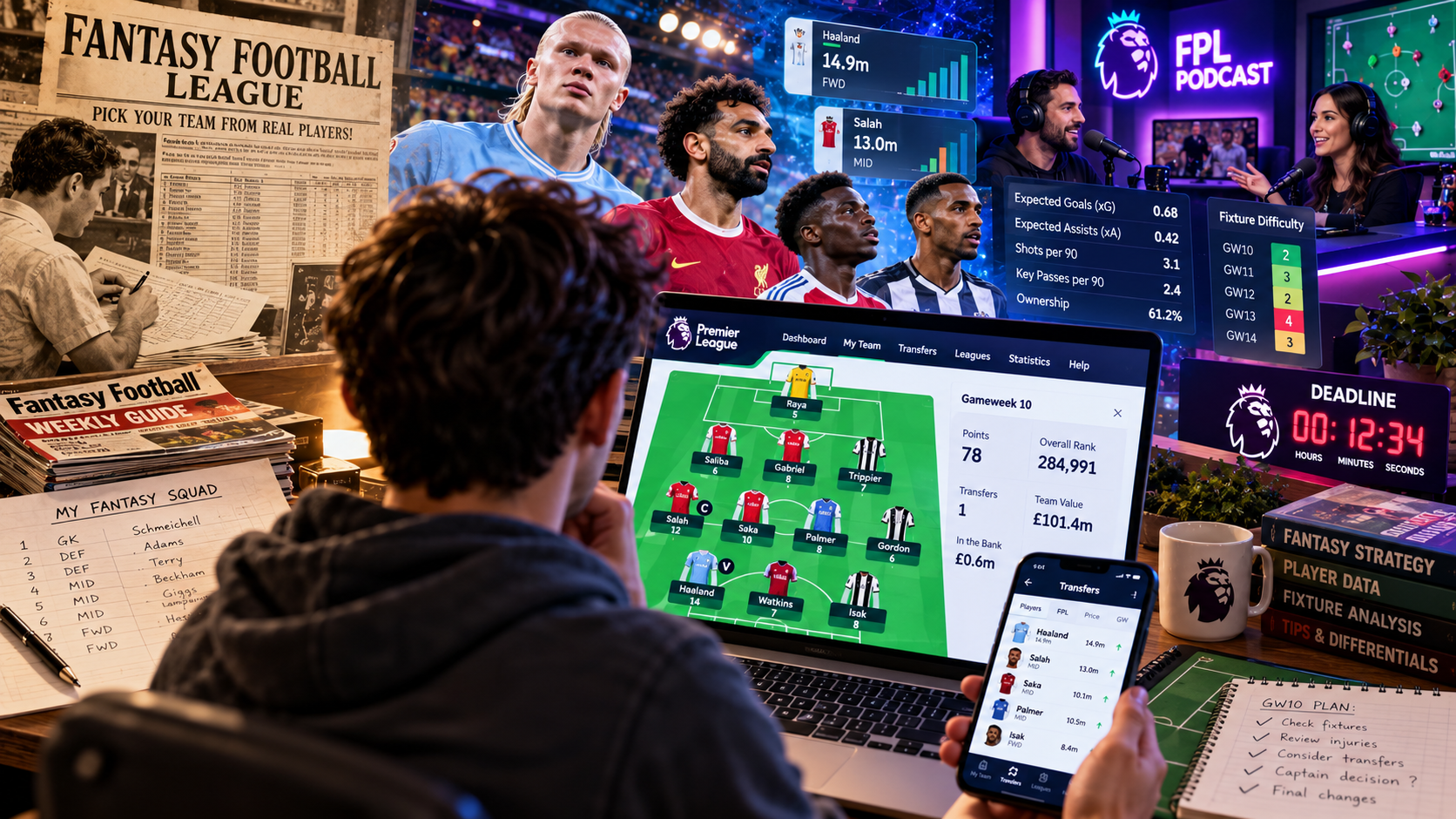 Evolution of fantasy football from newspaper-based team selections to modern Fantasy Premier League, featuring digital squad management, player statistics, transfer strategies, and football analytics.