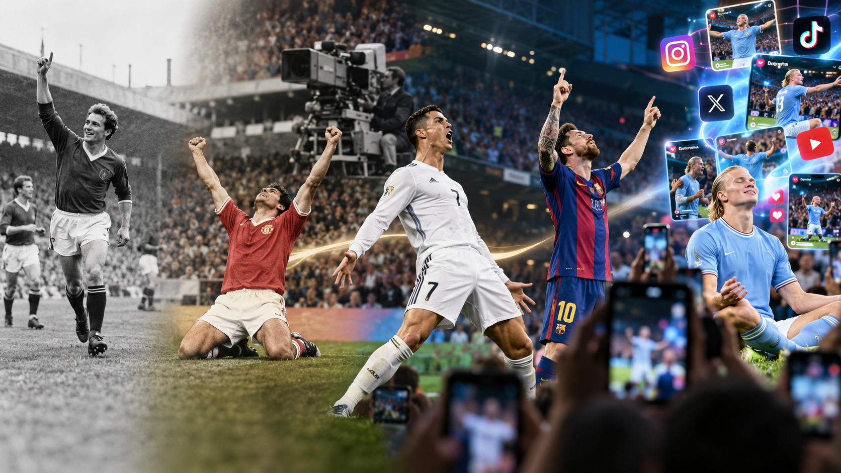 Evolution of football goal celebrations, from historic black-and-white moments to iconic modern player gestures shared across social media.