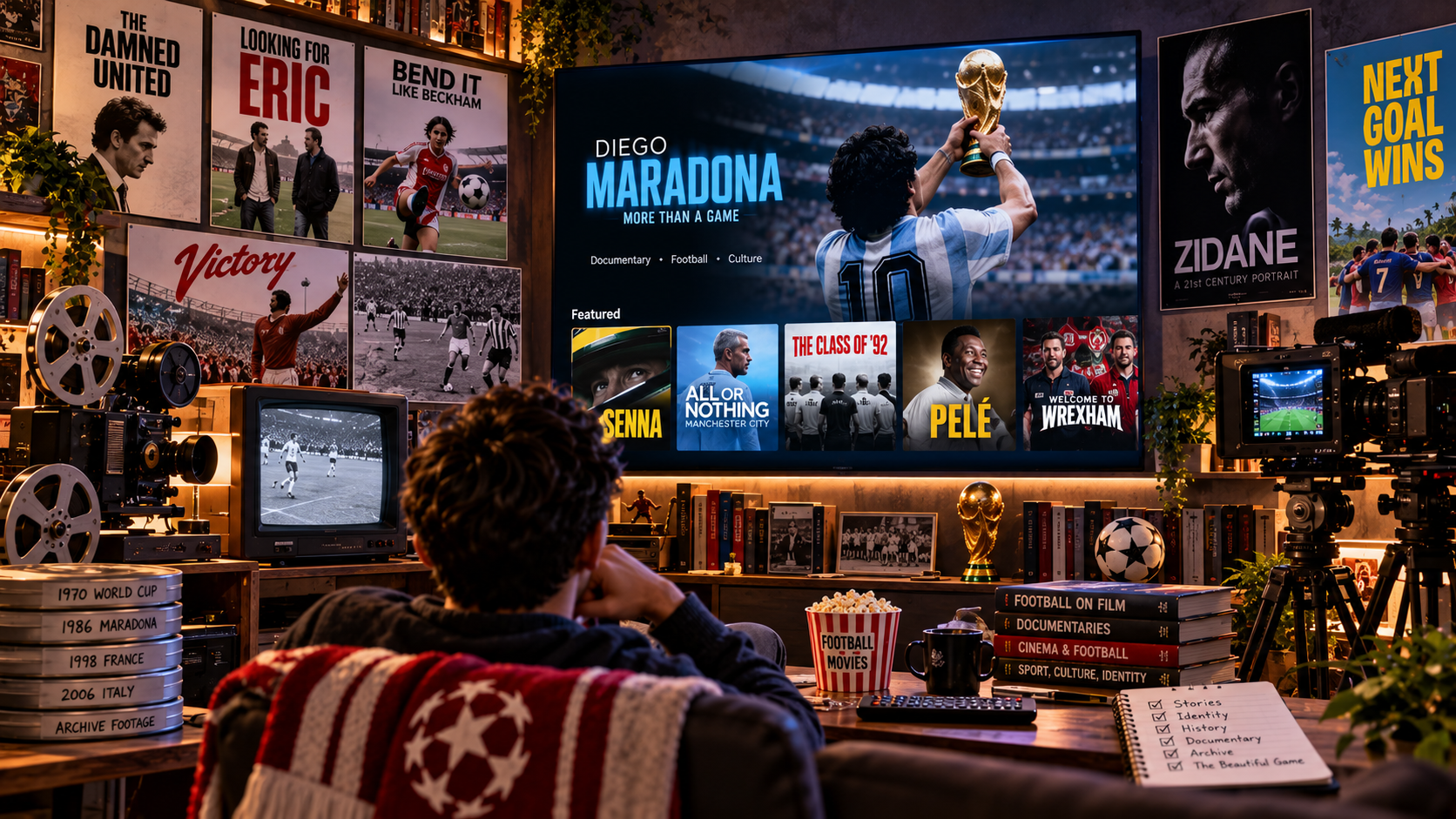 Football films and documentaries showcasing legendary players, historic World Cup footage, cinematic storytelling, and modern streaming platforms that preserve football history and culture.