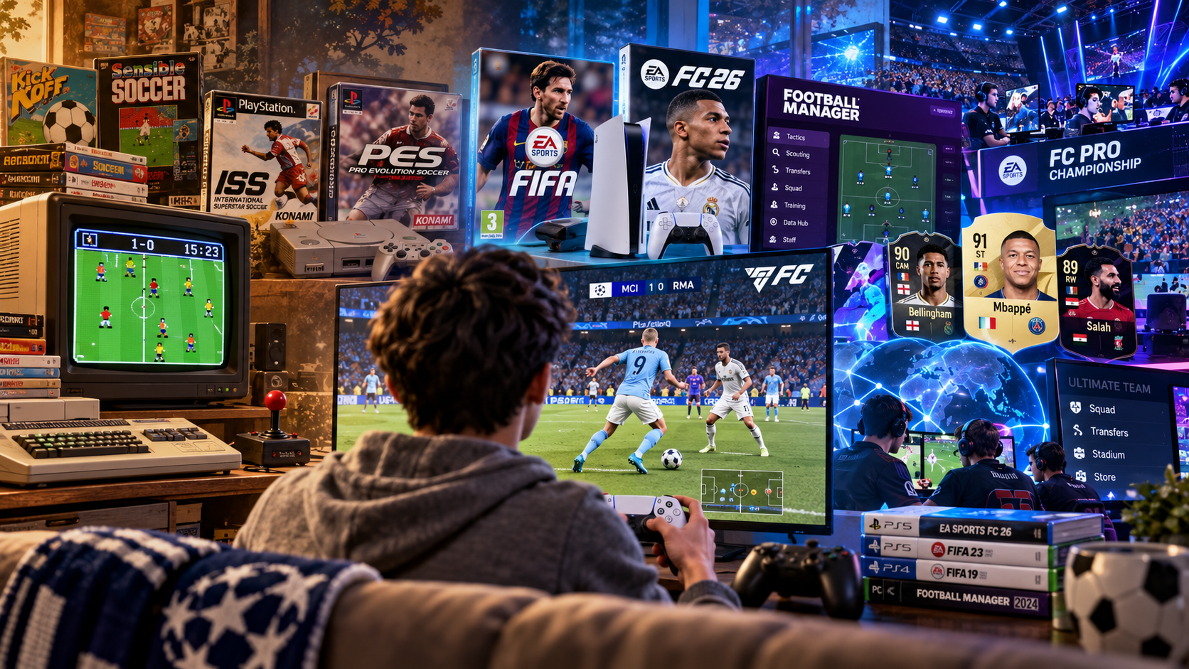 Evolution of football video games from retro consoles and classic FIFA and PES titles to modern EA Sports FC, Football Manager, online multiplayer, and competitive esports.