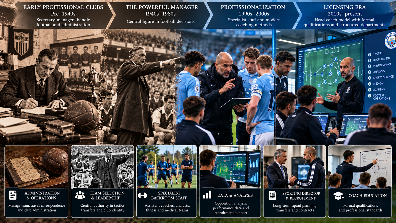 Evolution of football management from traditional secretary-managers to modern head coaches, featuring tactical leadership, sporting directors, coaching education, performance analysts, and specialist staff.